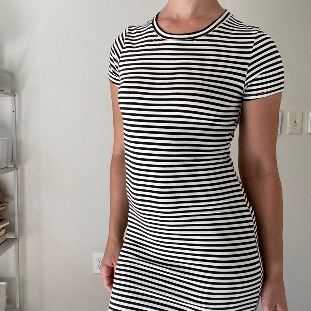 Forever 21 Black White Striped Bodycon Open Back Stretch Midi Crew Dress - Med - Picture 4 of 6
